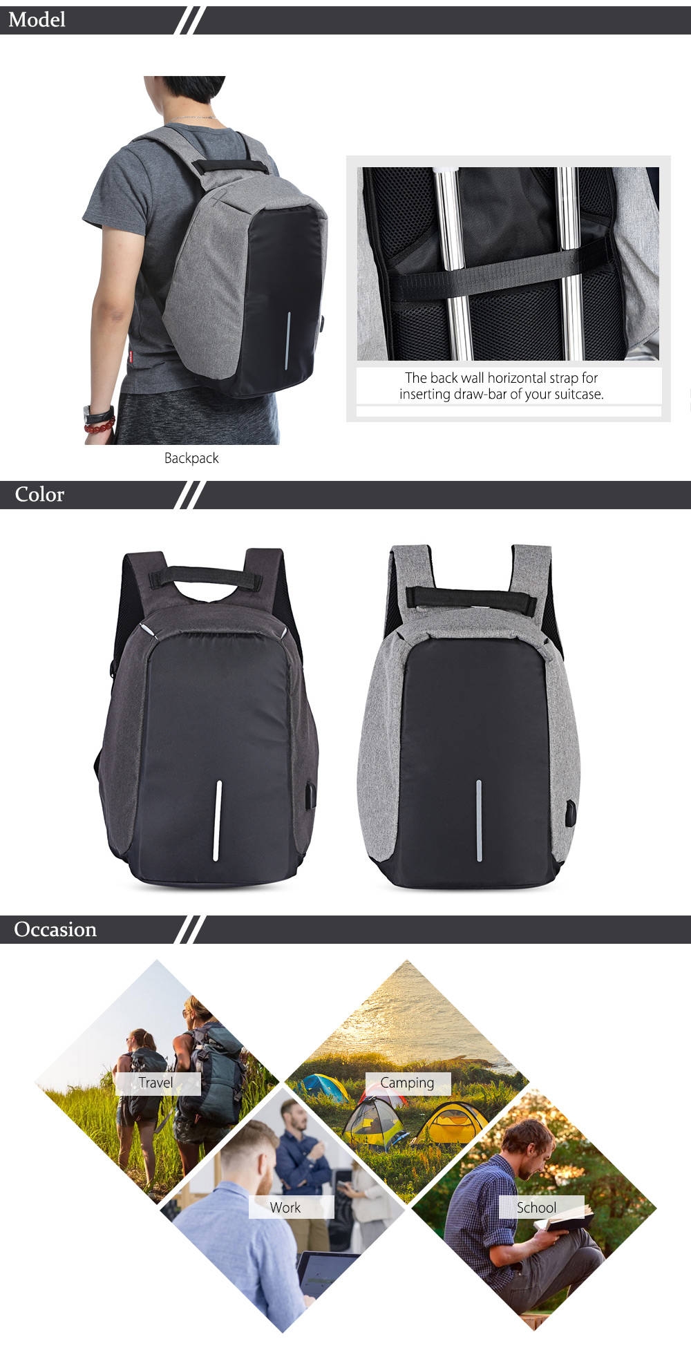 Guapabien Multifunction Outdoor Bag Laptop Travel USB Interface Backpack for Men